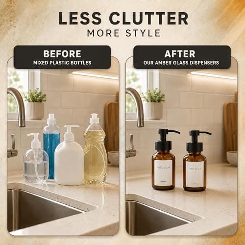 2 Pcs Amber Glass Foaming Soap Dispenser with Pump - 8.5 Oz Stylish Foaming Soap Dispenser Glass with Durable Plastic Pump for Bathroom or Kitchen Use - Non-Slip Bottom, 6 Waterproof Label Stickers - Thumbnail 6