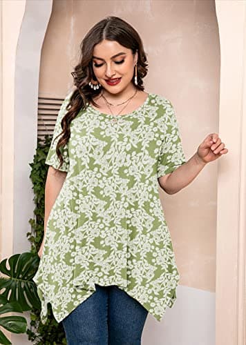 AusLook Plus Size Tops for Women Tunic Clothes Short Sleeve Green Roses Summer 1X Blouse Swing Tee Crewneck Clothing Flowy Shirts for Leggings - Thumbnail 4