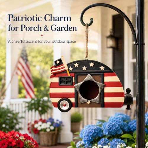 Hanging Bird House for Outside, Hand-Painted Patriotic Camper Birdhouse, Resin American Flag Bird House with Cleaning Plug, Outdoor Garden Decor for Yard, Patio, Porch, Tree, Gift for Bird Lovers - Thumbnail 3