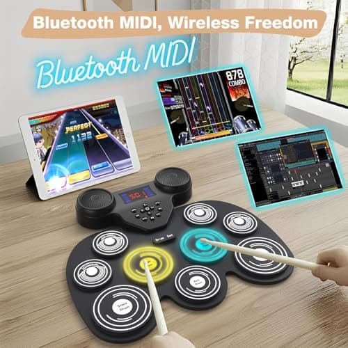 Electric Drum Set with 7 Colorful LED Light Patterns, Better Rebound Feel Electronic Drum Kit Featuring Bluetooth MIDI, 9 Drum Pads, and Dual Speakers, Christmas Birthday Gift for Kids Adult - Thumbnail 5
