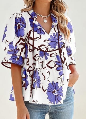 PRETTYGARDEN Womens Summer Tops 2026 Cute Puff Sleeve Ruffle V Neck Babydoll T-Shirts Boho Floral Fall Peplum Shirts(Purple Floral,Small) - Thumbnail 6
