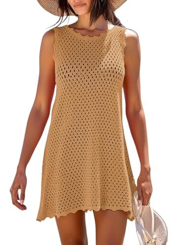 AiMgFUN Womens Swimsuit Cover Up Sleeveless Knit Swimwear Bathing Suit Coverup Crochet Beach Dress for Summer Outfits 2025 Khaki-S - Thumbnail 2