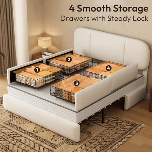 Uteeran Queen Size Bed Frame with Storage, Boucle Cloud Bed with 4 Locking Drawers & LED Lights, Modern Upholstered Platform Bed, Plush Sides & Footboard, Adjustable Headboard, No Box Spring, Beige - Thumbnail 4