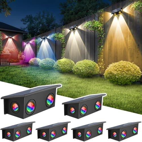 T-SUN Solar Fence Lights Outdoor, 7 Fixed Colors and Color Changing Fence Lights Solar Powered, IP65 Waterproof LED Dusk to Dawn Deck Light for Porch Backyard Wall Step Patio Railing Pool (6 Pack) - Image 1