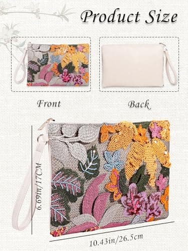 EGOUE Clutch Purses for Women, Embroidered Floral Clutch Bag with Leather Wrist Strap for Daily Travel, Parties & Wedding - Thumbnail 6