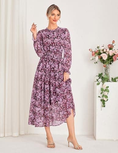 GRACE KARIN Long Sleeve Fall Dresses for Women Chiffon Flowy Long Dress Floral Swing Ruffle Tea Party A Line Dress Purple L - Thumbnail 3