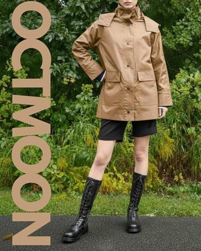Women’s Lightweight Rain Coat, outdoor coat – Waterproof Raincoat Jacket with Hood, Classic Button-Up Trench Coat for Women, Stylish PU Coated Rain Gear with Detachable Shoulder Decor-（Camel）L - Thumbnail 4