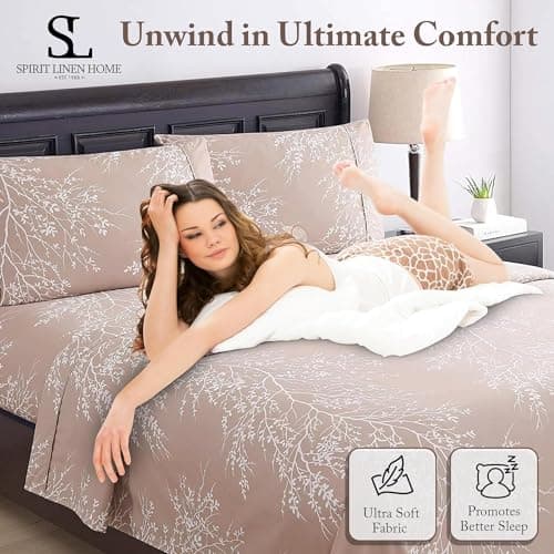 Spirit Linen home Twin Sheets Sets - Pure Microfiber 3 Piece Polyester Bed Sheets, Fitted Sheet & Pillow Cases - Twin Sheets for All Seasons (Foliage Chocolate/White, Twin/Twin XL) - Thumbnail 6