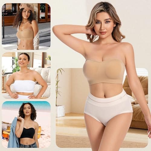 DD DEMOISELLE 1 Pack Strapless Bra with Support, Summer Padded Bandeau Bra Tube Tops for Women, White-Next-Gen Non-Removable Padding，M - Thumbnail 6