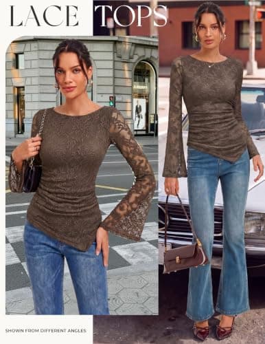 GRACE KARIN Womens Lace Top Sheer Bell Long Sleeve Ruched Asymmetrical Boho Western Clothes Fitted Mesh Peplum Tops Flowy, Coffee Rose, X-Large - Thumbnail 2