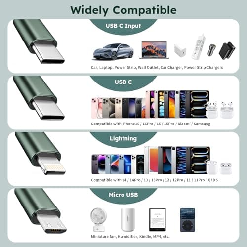 3 in 1 USB C to Multi Charging Cable, Travel Charger Cables for Multiple Devices, Universal Multiple Charger Cord with Type-C/IP/Micro Port for iPhone16/15/14/Cell Phones and More (2Packs 4FT) - Thumbnail 3