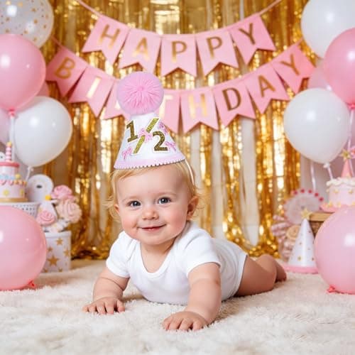 UTOLOVE Handcrafted Felt Birthday Hat with Pompom - Adjustable Cone Hat for 1st, Half to 5th Birthday Party Decorations - Baby & Kids Celebration Photo Prop Crown- White&Pink - Thumbnail 2