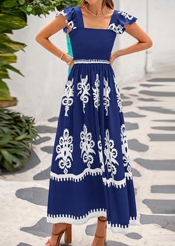 BTFBM Summer Dresses for Women 2026 Casual Floral Boho Sleeveless Square Neck A Line Flowy Beach Maxi Sundress Pockets(Dark Blue White Flower, XX-Large) - Thumbnail 6