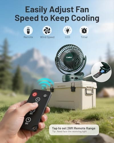 Camping Fan with Remote Control - 12000mAh Rechargeable Battery Powered Fan, Camping Fans for Tents with LED light & Hanging Hook, Rechargeable Battery Operated Ceiling Fans for Tent RV Bed, Green - Thumbnail 4