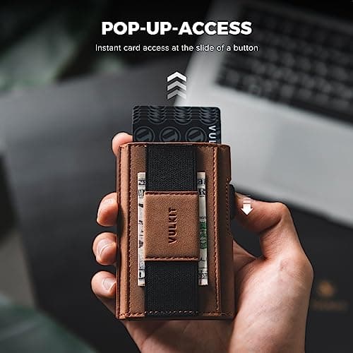 VULKIT Mens Minimalist Wallet for Max. 8 Cards with Pop-Up Credit Card Ejector RFID Blocking, ID Window and Elastic Strap for Bills or Keyring, Gift Box Packed, Brown - Thumbnail 3