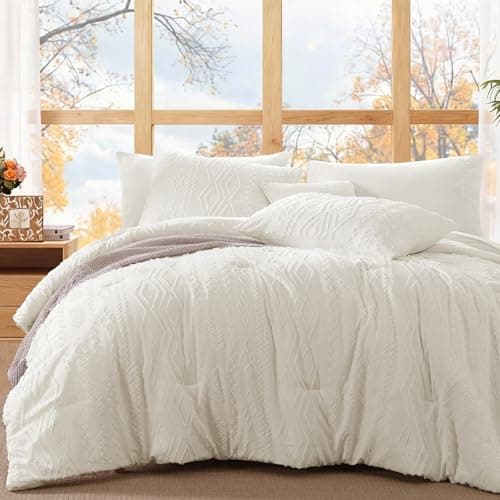 WRENSONGE Full Size Comforter Set with Sheets - 7 Pieces White Tufted Bed in a Bag Full Shabby Chic Bedding Sets with 1 Comforter, 2 Sheets, 2 Pillowcases & 2 Shams - Image 1
