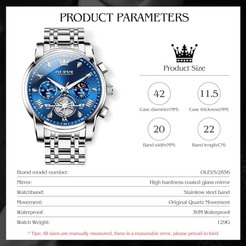 OLEVS Watch Men Luxury Blue Big Face Silver Stainless Steel Dress Wrist Moon Phase Chronograph Waterproof Watches for Men Analog Quartz Cheap Luminous Mens Watches Relojes para Hombres - Thumbnail 6
