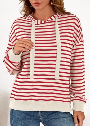 KIRUNDO Womens Striped Hoodies Sweatshirt 2026 Fall Long Sleeve Color Block Drawstring Casual Loose Pullover Top Y2K Clothes(Stripe Red Beige, X-Large) - Thumbnail 3