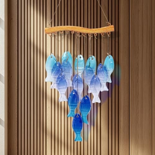 Wind Chimes Blue Glass Sea, Garden Wind Chime for Home, Beach Party, Festival Decor, Glass Garden Patio Yard Porch Decoration Indoor/Outside, Lifelike Fish Style - Thumbnail 5