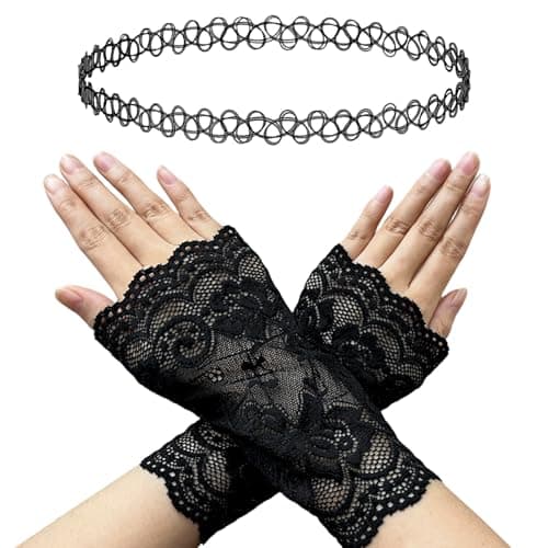 Lexaoyoo Women Short Lace Gloves +Tattoo Choker Necklace Fingerless Bridal Wrist Glove Opera Evening Wedding Tea Party Prom Cosplay Gothic Clothes - Image 1