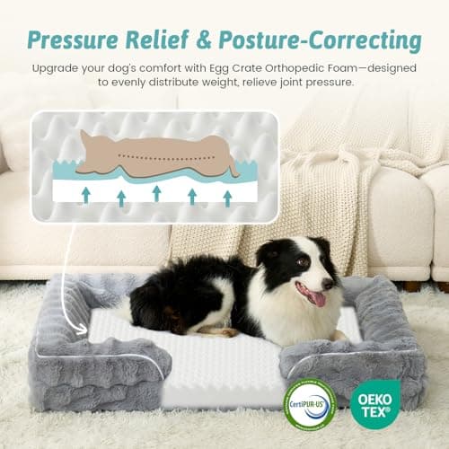 COZY KISS Orthopedic Dog Bed for Extra Large Dog 44x32 inch, XL Faux Fur Pet Sofa, Bolster Foam Bed with Sides, Non-Slip and Egg-Crate Big Dog Couch Bed with Washable Removable Cover, Grey - Thumbnail 2