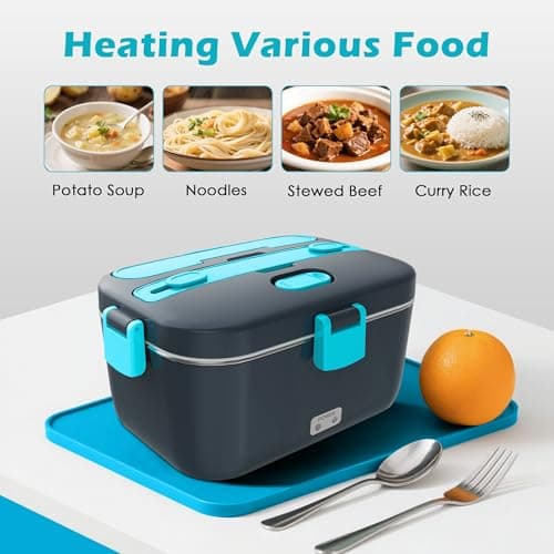 COZYEXPERT Electric-Lunch-Box-Heated-Food-Warmer 100W Heating Lunchbox for Adults 1.8L Portable Food Heater for Work/Car, 12V/24V/110-230V Lonchera Eléctrica Portátil with Fork Spoon (Gray+Blue) - Thumbnail 4