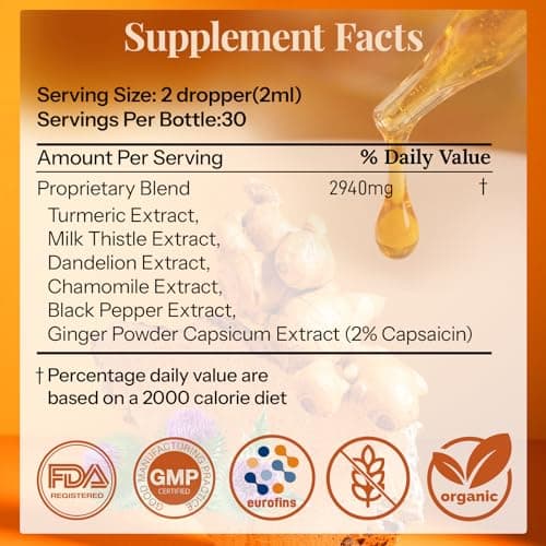CareGem Turmeric Curcumin Complex Liquid Drops with Milk Thistle, Dandelion & Chamomile | High-Absorption Herbal Blend with Black Pepper & Ginger | Orange Flavor | 2 fl oz - Thumbnail 6