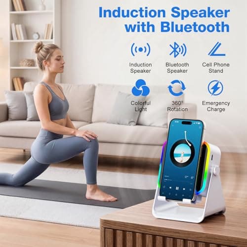 TARKARI Wireless Induction Speaker, 5 in 1 Bluetooth Speaker with Cell Phone Stand, HD Stereo Sound Compatible with iPhone iPad Android Tablet, Birthday Gifts for Women Men Him - Thumbnail 2