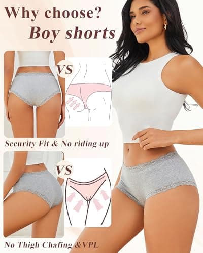 FINETOO Cotton Underwear for Women Sexy Boy Shorts Breathable Cheeky Lace Trim Panties Womens Underwear 6 Pack - Thumbnail 5