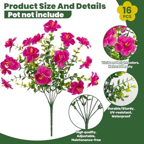 Lnoicy 16 Bundles Realistic Artificial Camellia Flowers for Outdoor, UV Resistant Faux Lifelike Fake Flowers for Home Decor, Wedding, Centerpiece（Magenta） - Thumbnail 2
