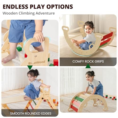 BlueWood Pikler Triangle Set, Toddler Wooden Climbing Toys Indoor 7in1 Foldable Climber for Kids, Montessori Philosophy Play Jungle Gym with Arch, Ramp, Ladder (Warm Winter Christmas) - Thumbnail 4