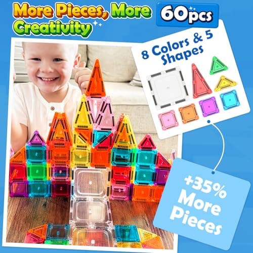 Soyee Mini Magnetic Tiles 60PCS Toddler Kids Toys Travel Set with Metal Tin Case, Portable STEM Building Blocks Kids Toy for 3 4 5 6 7 8 Year Old Boys & Girls, Educational Toddler Kids - Thumbnail 2