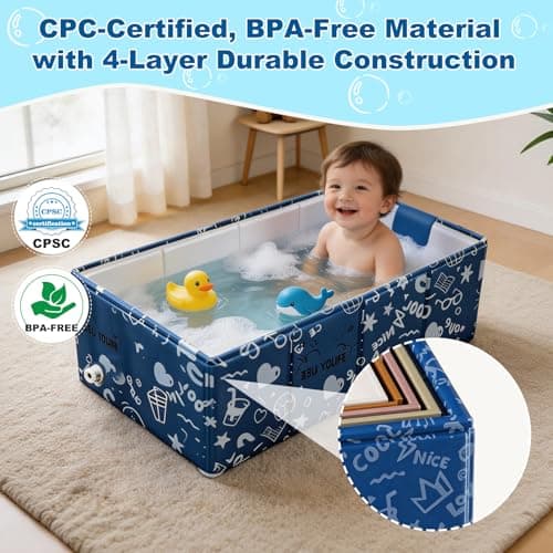 Baby Bathtub, 5-Layer Anti-Tear Foldable Toddler Bath Tub with Padded Bottom Drain Plug, Portable Collapsible Baby Bath for Travel, Shower, Sink, Indoor & Outdoor, 6 Months to 5 Years - Thumbnail 4