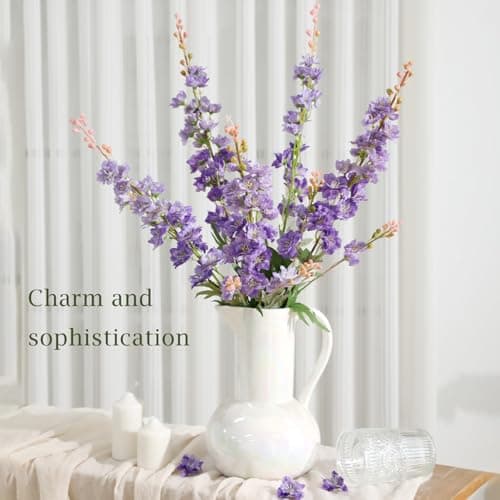 LILUYTO 6PCS Purple Delphinium Artificial Flowers, Long Stem Faux Larkspur Silk Flowers, 33.5" Bendable Fake Flowers Bouquets for Tall Vase Table Kitchen Home Offices Garden Wedding Decor - Thumbnail 5