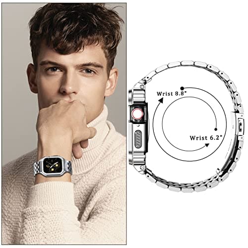 HASLFM Stainless Steel Band with Case Compatible with Apple Watch Series 9 8 7(45mm), Metal Protective Bumper Cover for iWatch Bands Men,Silver - Thumbnail 6