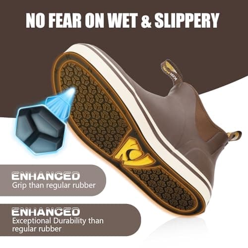 Kalkal Men's Deck Boots Anti-Slip Saltwater Fishing Rain Boots with Memory Foam, Waterproof Rubber Ankle Work Boots for Sailing (Dark Brown, Size8) - Thumbnail 4