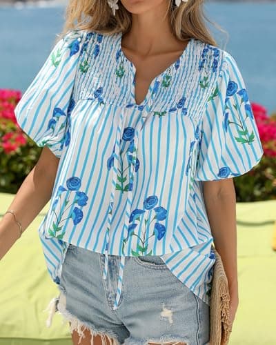 KIRUNDO Boho Tops for Women Summer 2026 Dressy Floral Blouse V Neck Drawstring Short Sleeve Shirts Beach Vacation Clothes(Striped White Blue, Small) - Thumbnail 2