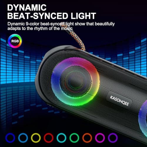 KASOHQEE Portable Bluetooth Speaker with RGB Lights, 20W Loud Sound, IPX6 Waterproof, 20H Playtime, Wireless Speakers for Travel, Sport, Party, Outdoor, Shower - Thumbnail 5