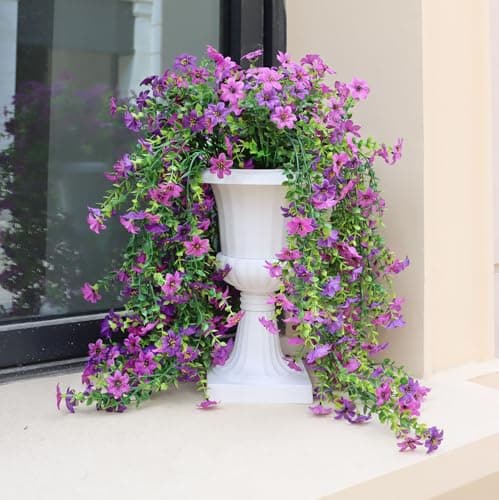 Obmnor Artificial Hanging Flowers for Outdoors, 4 Pack Fake Hanging Plant for Spring Summer Decor, UV Resistant Faux Silk Flower for Planter Front Door Porch Patio Yard Garden (Double Purple) - Image 1