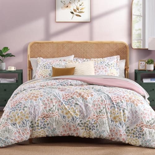 CASAAGUSTO Queen Comforter Set, 7 Pieces Bed in a Bag Queen Pinkish Floral Comforter Set with Flowers Leaves Pattern, Soft Seersucker Design All Season Queen Size Bedding Set - Thumbnail 2