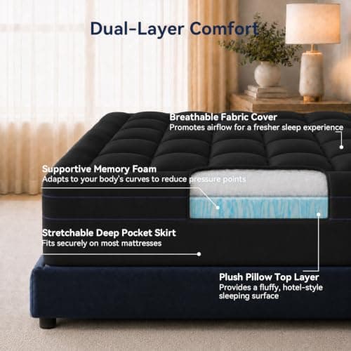 ABENE 3 Inch Dual Layer Full Memory Foam Mattress Topper, 2 Inch Memory Foam Plus 1 Inch Down Alternative Pillowtop Mattress Pad with Deep Pocket, Soft Support for Pressure Relief, Black - Thumbnail 3