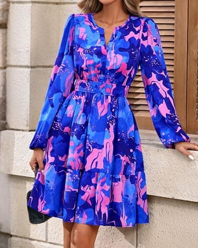 BTFBM Fall Dresses for Women 2026 Mini Long Sleeve Elastic Waist Summer Vacation Outfits Floral Wedding Guest Dress(Flower Blue Pink, Small) - Thumbnail 6