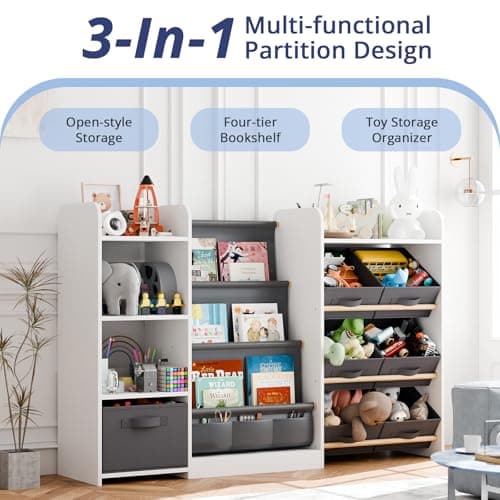 IKALIFE Kids Toy Book Storage Organizer - Large Bookshelf with 7 Removable Bins, Baby Bookshelf and Toy Storage, 4-Tier Book Shelf for Kids Room, Playroom, Classroom, 51 inch, White - Thumbnail 3