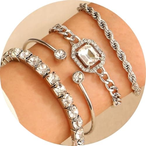 Bracelets Sets 14K Silver Plated Dainty Stackable Cuban Link Twisted Rope Chains Link Chains, Adorned Sparkling Crystal Gifts Jewelry - Thumbnail 2