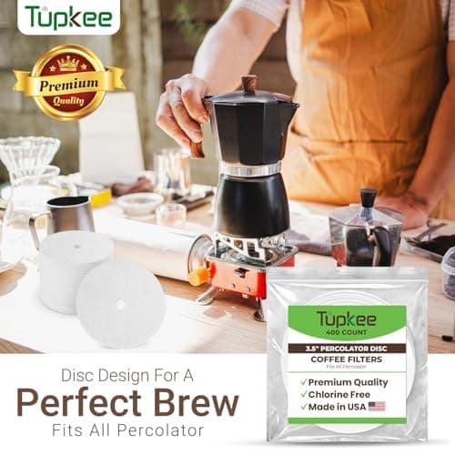 Tupkee 3.5" Percolator Coffee Filters – Flat Disc Round Coffee Filters with Center Hole - 400 Count | Fits All Percolator Coffee Pots - White, Chlorine-Free - Made in the USA - Thumbnail 5