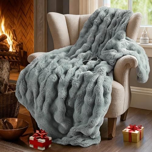 Faux Fur Throw Blanket, Thick Warm Bunny Blanket with Bubble Texture, Reversible Fluffy Blankets for Couch and Bed, Soft Cozy Furry Blanket for Home Décor, Grey - Image 1