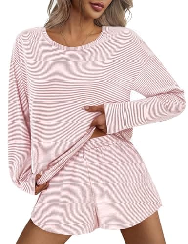 JUSTFASHIONNOW Womens Pajama Sets Long Sleeve Top and Split Shorts Striped Two Piece Lounge Set Cozy Loungewear Crew Neck Sleepwear Soft Pjs Fall Winter Cute Outfits (Pink, Small) - Thumbnail 2
