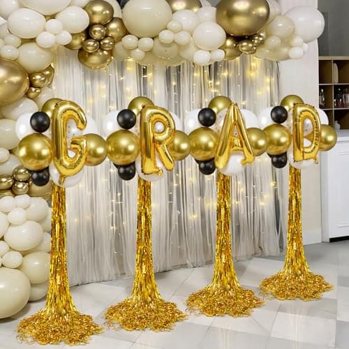 2026 Graduation Decorations - Set Of 4 Standing Balloon Topiaries, Balloon Stand Kit Party Centerpieces Decor With Golden Rain Curtains Class Of 2026 Decorations For Kindergarten High School College - Thumbnail 5