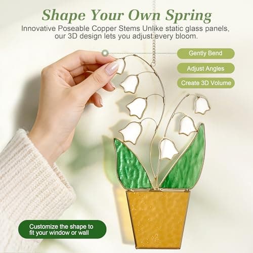 Lily of the Valley Suncatcher - May Birth Flower Gold Edged Stained Glass, 8 Inch Real Glass Window Hanging, Thoughtful Memorial, Grandma & Plant Lover Gift for Mother‘s Day, Wedding, Housewarming - Thumbnail 3