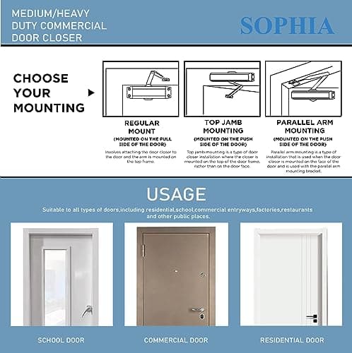 SOPHIA Door Closer Commercial Grade 1, Automatic Door Closer Heavy Duty, Fully Adjustable for 44-330LBS Doors, Auto Door Closure High Traffic Areas - ADA Compliant & UL Listed, Matte Black, DK8000 - Thumbnail 3